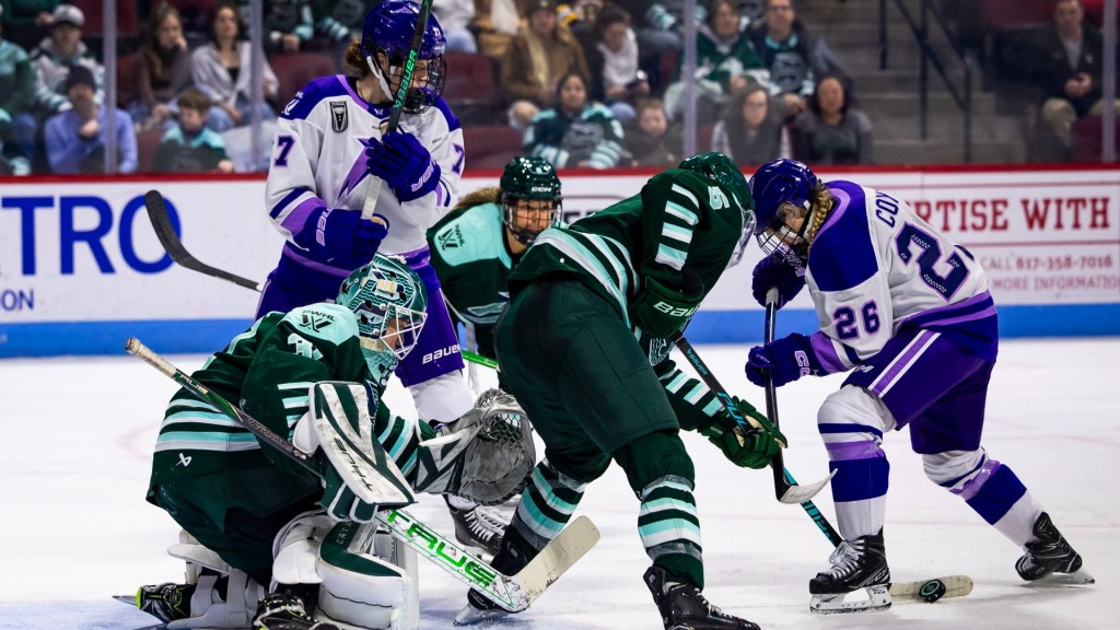 Boston Fleet goaltender Aerin Frankel and defender Megan Keller